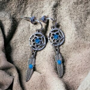 Bohemian Tribal Dreamcatcher Leaf Dangle Earrings Antique Silver